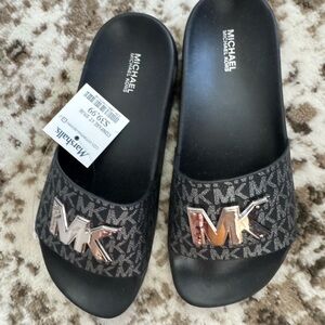Michael Kors Black MK Logo Slide Sandals with Gold Hardware